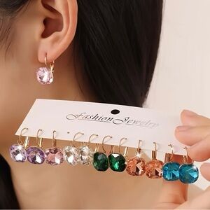 Six Pairs of Crystal Drop Earrings with Gold-Tone Hooks